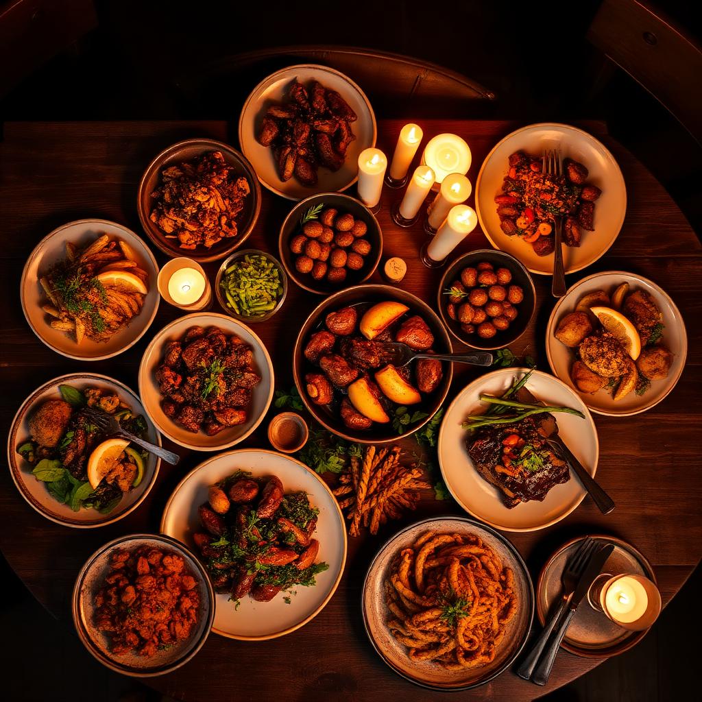 A flatlay of gourmet dishes on a candlelit table