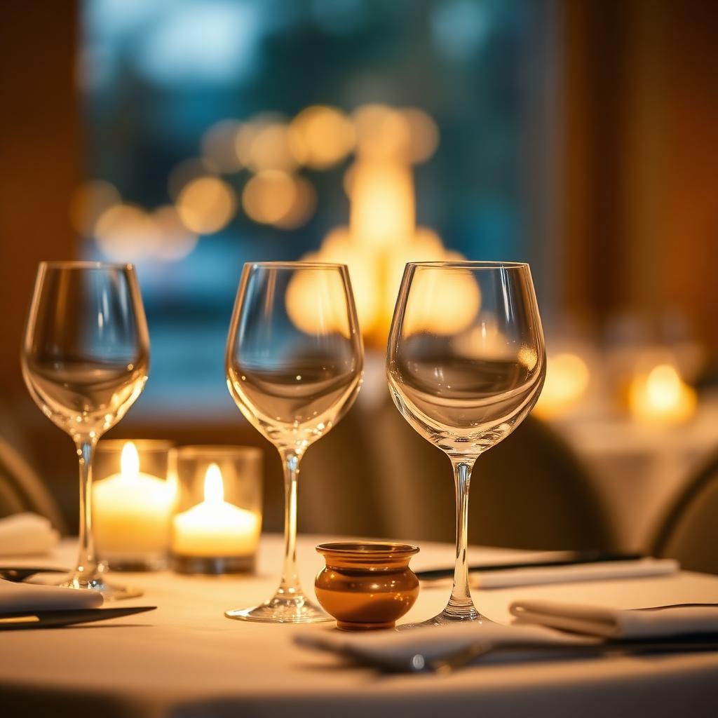 Wine glasses on a candlelit restaurant table