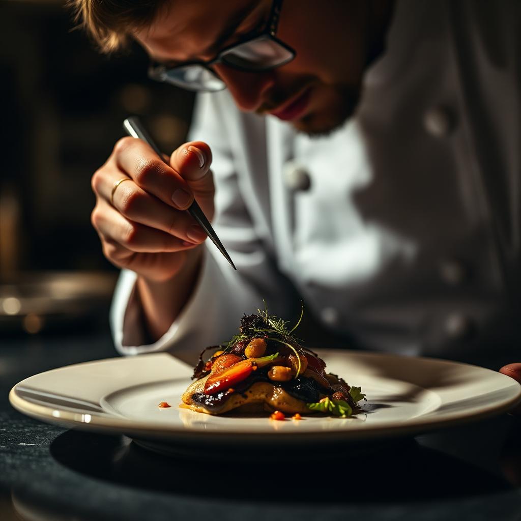 A chef plating a luxurious dish with tweezers