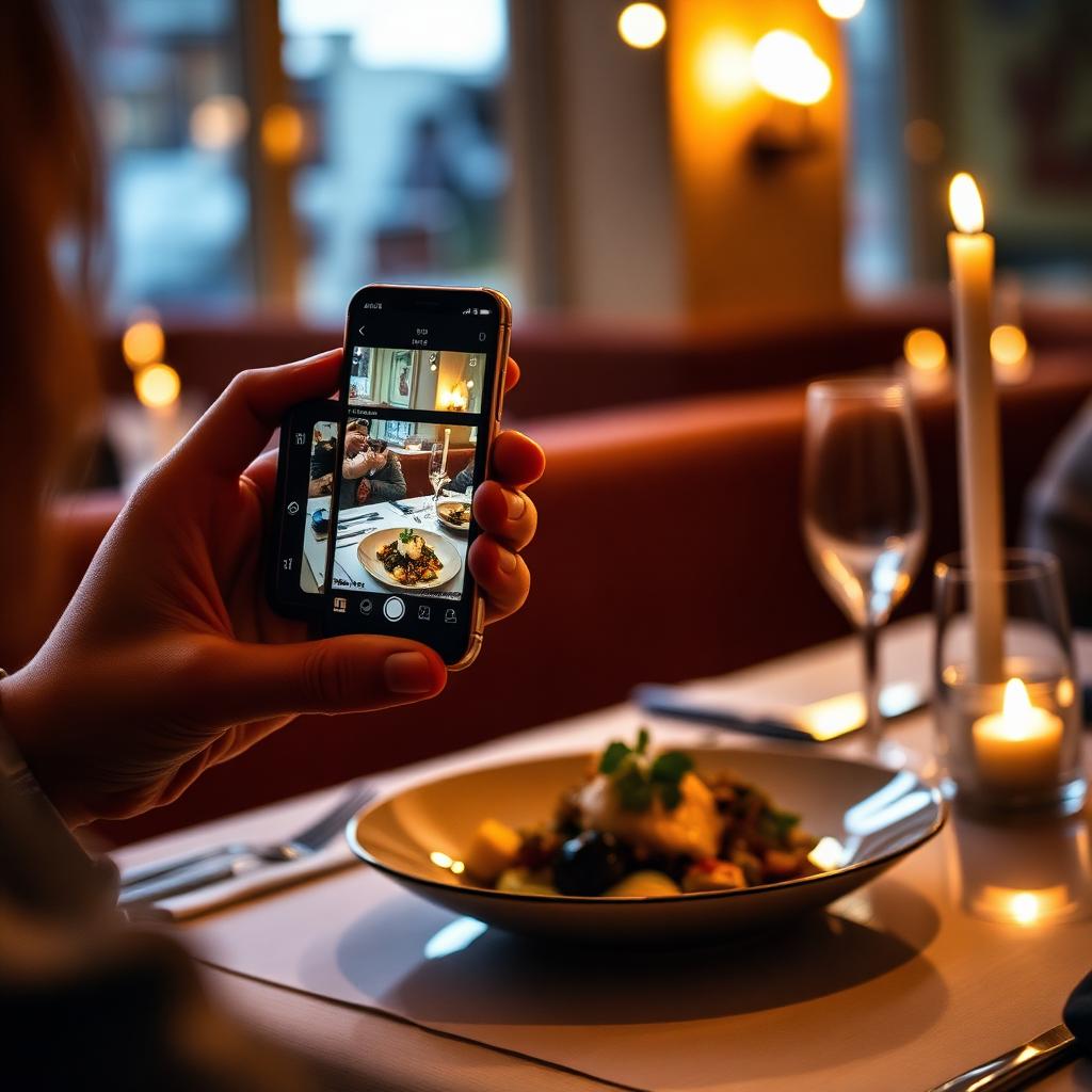 A foodie photographing their meal with a smartphone