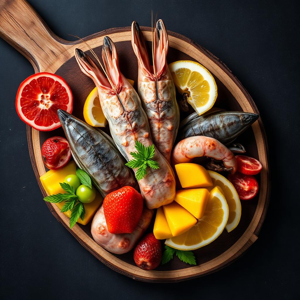 Fresh seafood and tropical fruits on a rustic board